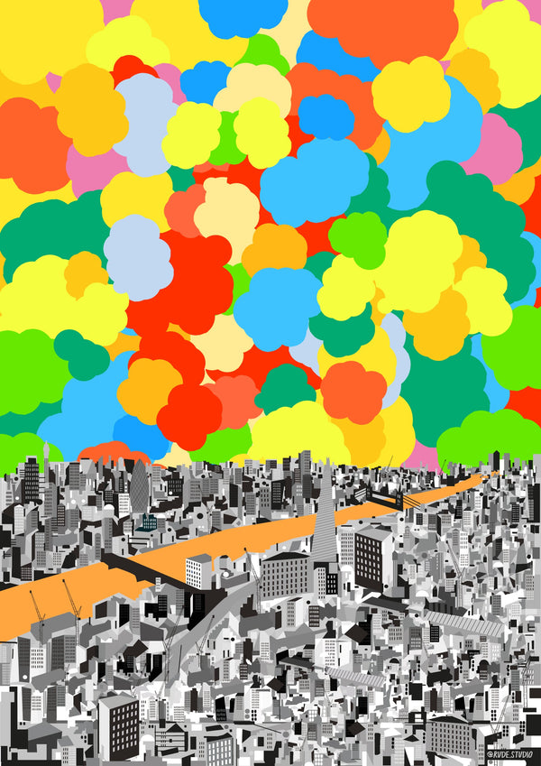 'London Coloured Clouds' Indigo Print